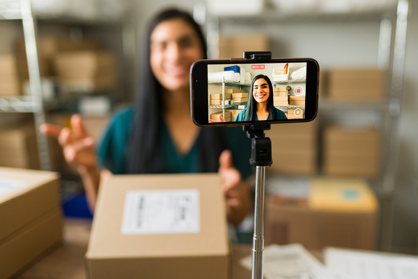 Mulher gravando vídeo com smartphone em um ambiente de trabalho, cercada por caixas organizadas. Conteúdo sobre empreendedorismo e vendas online.